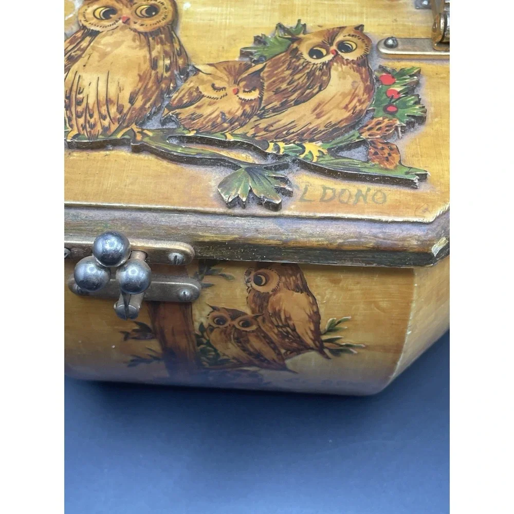 Rare Vintage 1960s-1970s Owl Wood Decoupage Purse